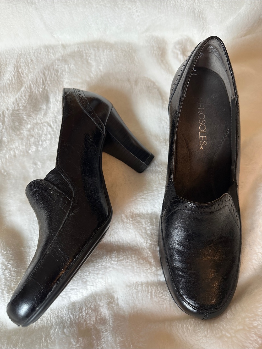 AEROSOLES Black Leather Block Heel Loafer Pumps Sz 8 Feminine Comfy Dance Date